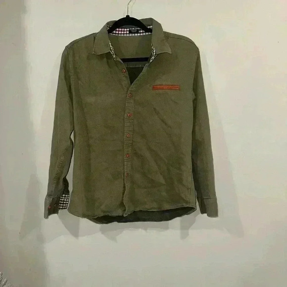 CoofAndy Men's Size Small Army Green Denim Button Down Long Sleeve Shirt - Picture 1 of 7